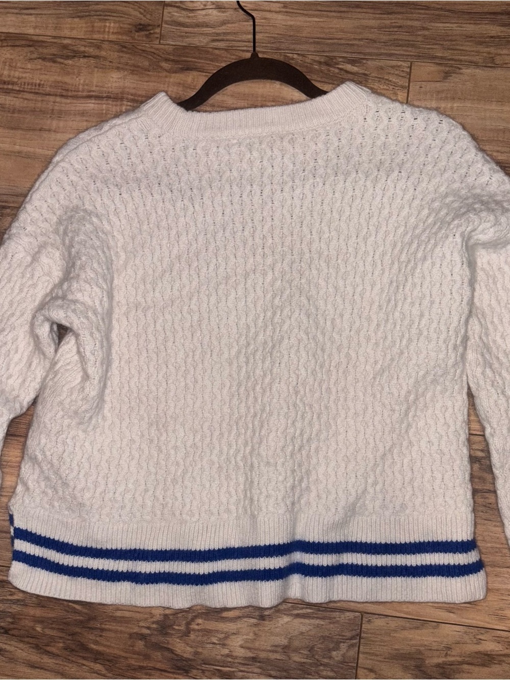 Madewell White Cable Knit Sweater with Blue Stripe Trim - Picture 8 of 10